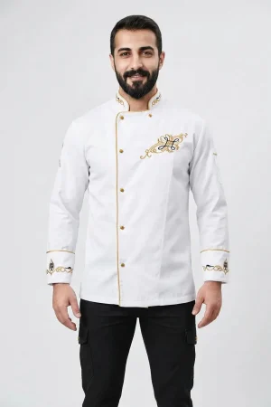 Motif Nakışlı Beyaz Aşçı Ceketi