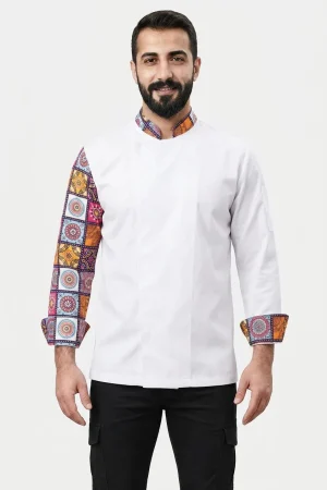 Renkli Desen Kollu Beyaz Aşçı Ceketi